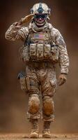 Soldier saluting in military uniform during a desert operation, showcasing discipline and pride in service photo