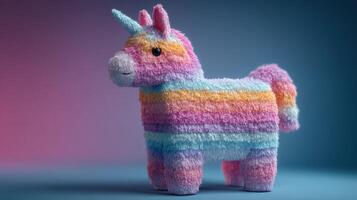 Colorful soft unicorn toy stands against a vibrant background showcasing its charm in a playful manner photo