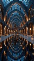 Elegant night view of a grand hall featuring illuminated architecture and a striking dinosaur skeleton in London photo
