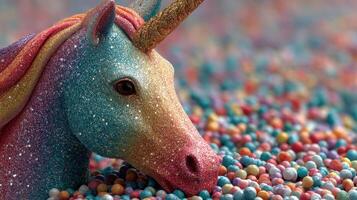 Colorful unicorn surrounded by vibrant candy balls in a playful setting on a sunny day photo