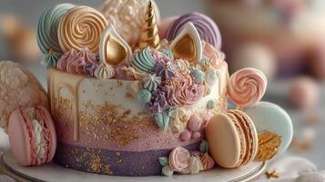 Rainbow unicorn cake adorned with pastel decorations and macarons for a whimsical celebration photo