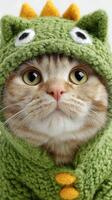 Cat wearing cozy green dinosaur costume with cheerful expression indoors during daylight photo