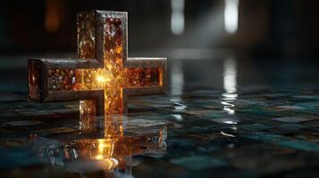 Glowing cross illuminated by soft light in a tranquil indoor setting with reflective water surface photo