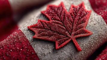 Red maple leaf emblem on fabric representing Canadian pride at a celebration event photo