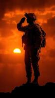 Soldier saluting at sunset over a dramatic skyline displaying courage and dedication photo