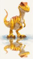 Brightly colored dinosaur stands majestically on a reflective surface, showcasing its vibrant features and playful stance in a creative design photo