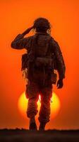 Soldier saluting at sunset in a distant landscape representing honor and bravery photo