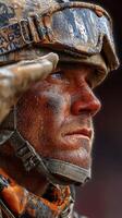 Soldier saluting during an outdoor ceremony after a rain shower, showcasing determination and pride at sunset photo