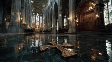 Intricate altar with a golden cross highlighted in a beautifully designed cathedral at dusk photo