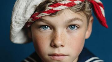 Young boy with blue eyes wearing a sailor hat poses against a blue background photo