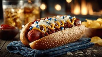 Delicious hot dog topped with chili, cheese, and festive decorations on a wooden table with drinks in the background photo