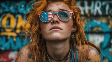 Young woman with colorful hair and American flag sunglasses gazes upward in a vibrant urban setting photo