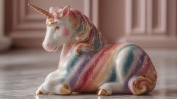 Colorful unicorn figurine rests on polished surface in elegantly designed room with soft lighting photo