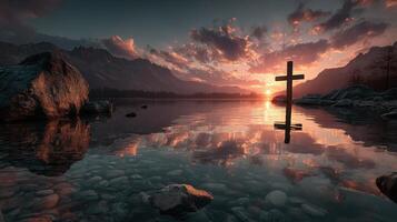 Beautiful sunset over serene lake with a cross reflection and mountain backdrop in peaceful nature setting photo