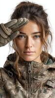 Strong woman in a camouflage jacket salutes confidently while showcasing determination and resilience during outdoor activity photo