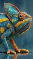 Brightly colored chameleon displays intricate patterns against a blurred background photo