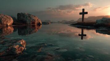 Reflected cross in tranquil waters during sunset at a serene coastal landscape photo