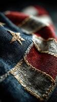 Close-up view of a textured American flag highlighting its detailed fabric and stitching in a warm, soft light photo
