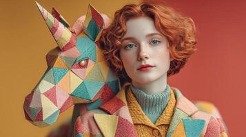 Creative portrait of a woman with curly red hair and geometric unicorn art in a vibrant setting photo