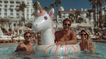 Group of friends enjoying a summer day by the pool with a unicorn float in a luxurious location photo