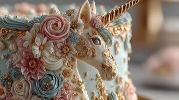 Exquisite unicorn cake decorated with floral elements at a celebration photo
