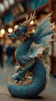 Exquisite blue dragon sculpture displayed indoors with intricate detailing and craftsmanship photo