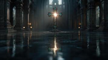 Illuminated cross stands in a dark, mysterious cathedral with reflections on the wet floor photo