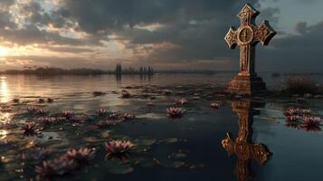 Celtic cross reflected in calm waters during sunset near a serene lake surrounded by water lilies photo