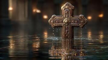 Ornate cross immersed in serene water surrounded by soft lighting in a tranquil setting photo
