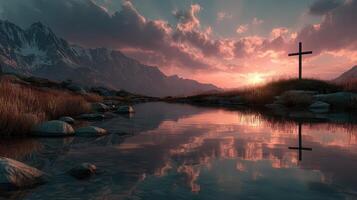 Sunset reflections at a serene lake with a cross in the forefront surrounded by mountains and clouds photo