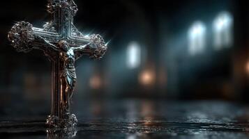 Silver cross with detailed figure captured in a dimly lit space during evening hours photo