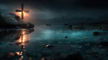 Mysterious night landscape featuring a cross illuminated by a soft light near a calm water body photo