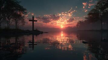 Beautiful sunset reflections over calm water with a cross silhouette and trees in the background photo
