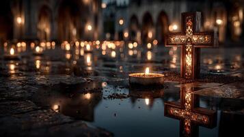 Candlelight vigil with reflections of a cross at dusk in an ancient courtyard photo