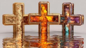 Colorful decorative crosses displayed on a reflective surface with warm tones at an artistic exhibition photo