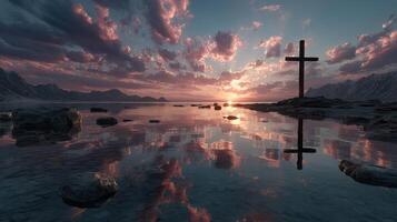 Dramatic sunset reflecting on water with a cross at the shore of a serene lake in a mountainous landscape photo