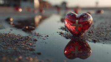 Heart-shaped glass object on wet surface reflecting light during golden hour near the beach photo