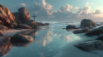 Serene coastal landscape with rocks and a cross during sunset photo