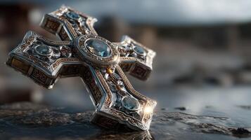 Ornate silver cross resting on a rocky surface reflecting sunlight during a serene moment photo