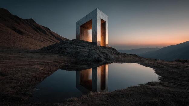 Unique concrete structure illuminated at dusk, reflecting on calm water in a mountainous landscape photo