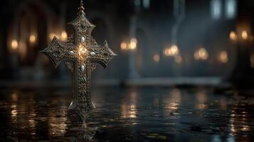 Intricate cross illuminated by soft light in an ancient cathedral setting during twilight hour photo