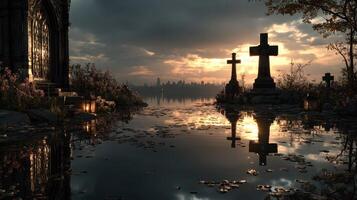 Eerie sunset over a tranquil waterway with tombstones reflecting in calm waters near an old mausoleum photo