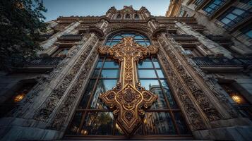 Ornate cross adorns historic building in city center at twilight showcasing intricate architectural details photo