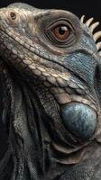 Detailed close-up of a lizard showcasing intricate textures and vibrant eyes in a controlled setting photo