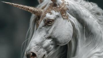 Majestic unicorn with ornate horn and flowing mane stands in an ethereal landscape photo
