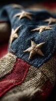 Close-up of a vintage American flag showcasing blue, red, and white fabric with detailed stitching and stars in a rustic setting photo