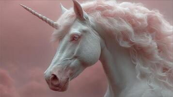 Majestic unicorn with a flowing mane under soft pink clouds at twilight photo