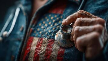 Medical professional showcasing stethoscope with American flag design during healthcare event in urban setting photo