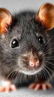 Close-up view of a curious black rat with shiny eyes and distinct whiskers exploring a surface in a well-lit environment photo
