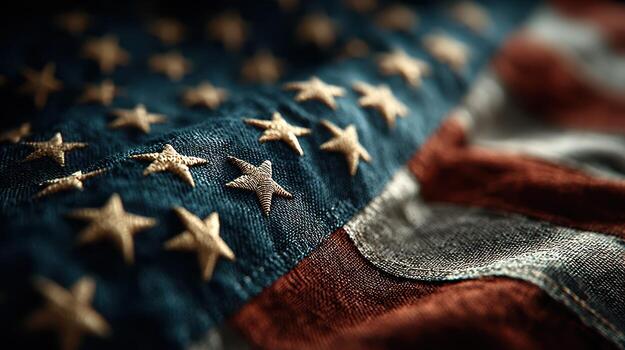 Close-up view of American flag fabric highlighting texture and detail on stars and stripes during daylight photo